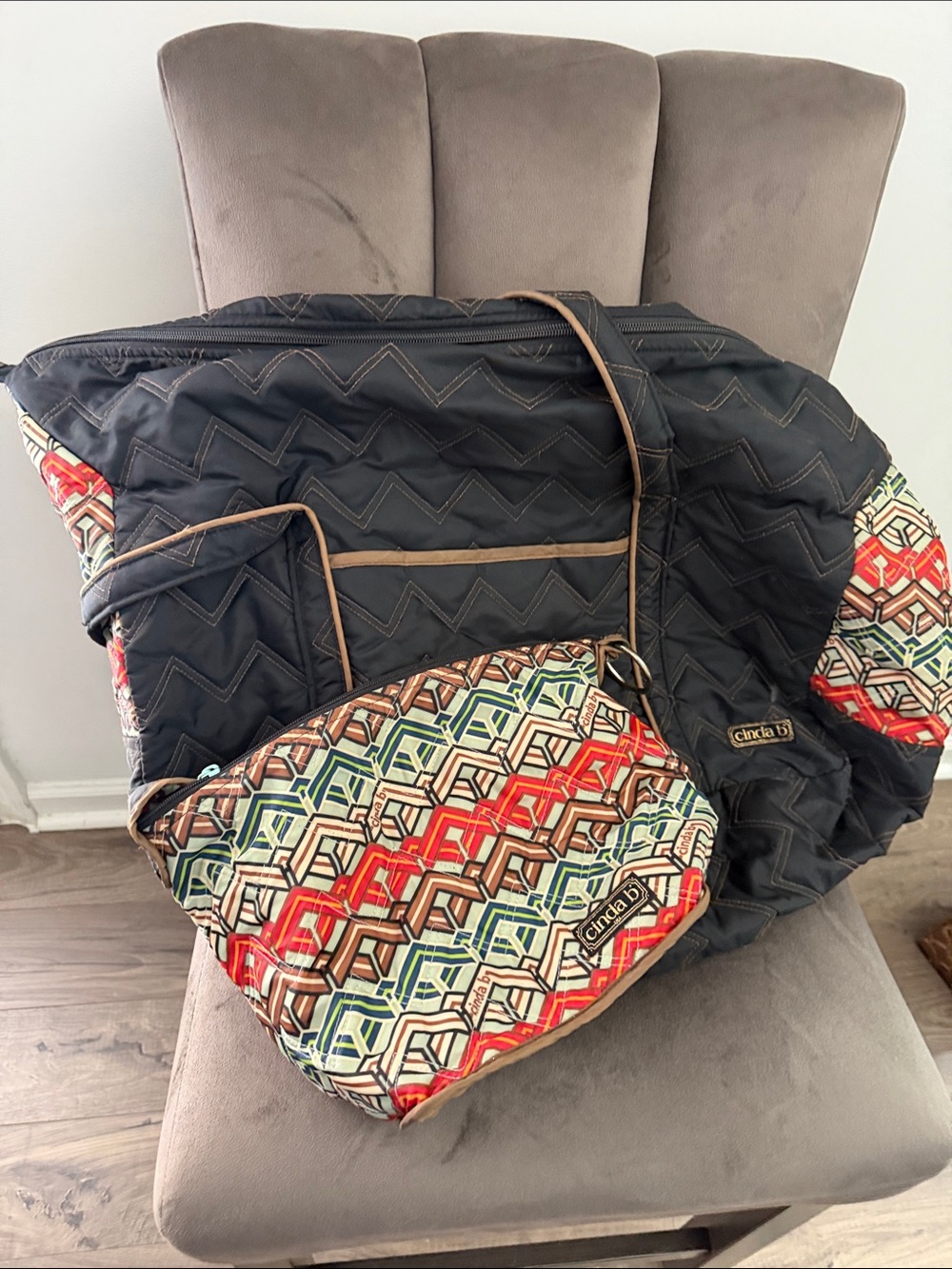 Chinda B Quilted Black Baby Bag with Multi-Color Geo Pouch